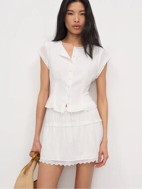 Reformation White Eyelet Detail Button-Front Top